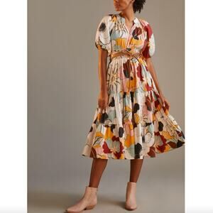 Anthropologie Conditions Apply Puff Sleeved Midi Dress Multicolor Floral